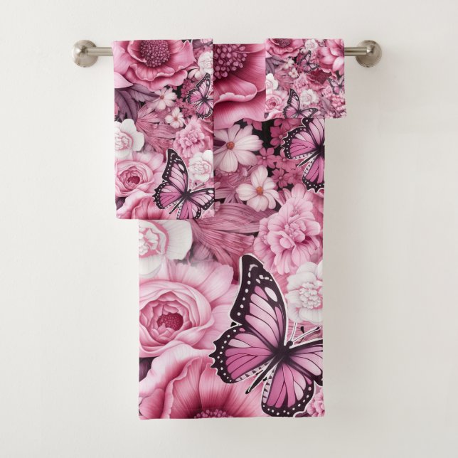 Butterflies and Flowers in varying shades of pinks Bath Towel Set (Insitu)