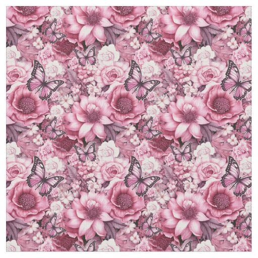 Butterflies and Flowers in varying shades of pinks Fabric