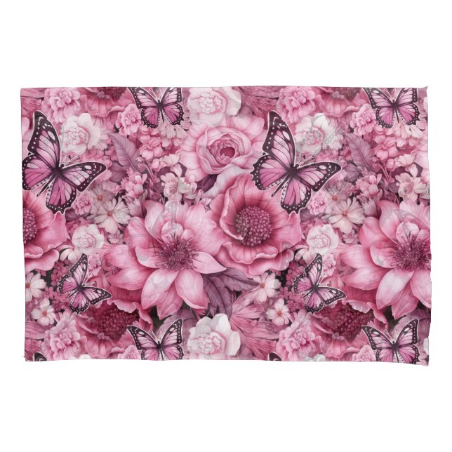 Butterflies and Flowers in varying shades of pinks Pillow Case (Front)