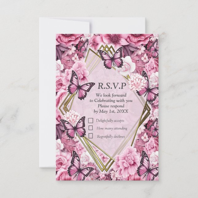 Butterflies and Flowers in varying shades of pinks RSVP Card (Front)