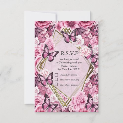 Butterflies and Flowers in varying shades of pinks RSVP Card
