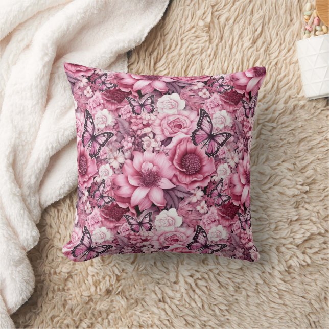 Butterflies and Flowers in varying shades of pinks Throw Pillow (Blanket)