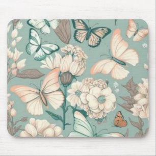 Butterflies and flowers light green decor mouse pad
