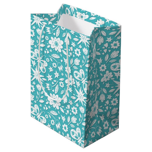 Butterflies And Flowers On Aqua Medium Gift Bag (Back Angled)