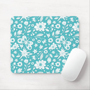 Butterflies And Flowers On Aqua Mouse Pad