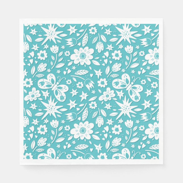Butterflies And Flowers On Aqua Napkins (Front)
