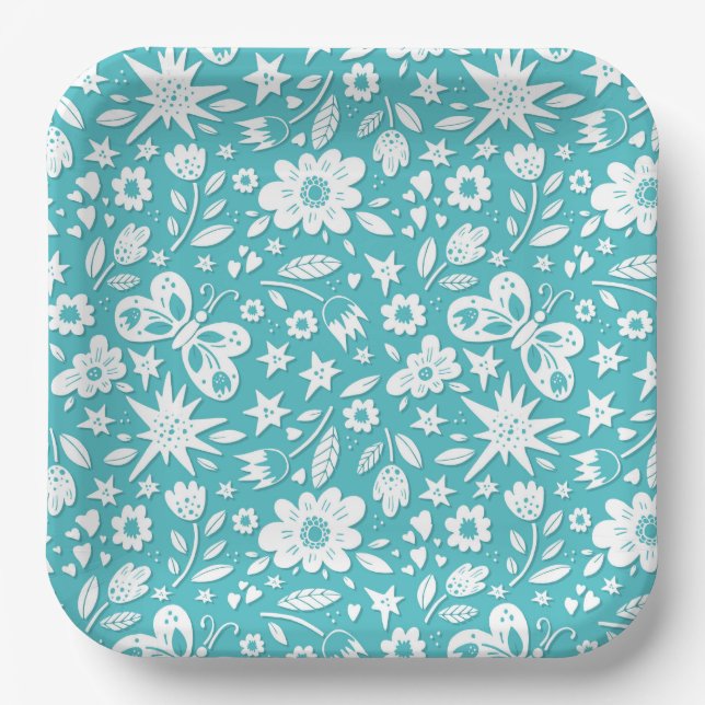 Butterflies And Flowers On Aqua Paper Plates (Front)