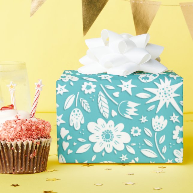Butterflies And Flowers On Aqua Wrapping Paper (Birthday Party)