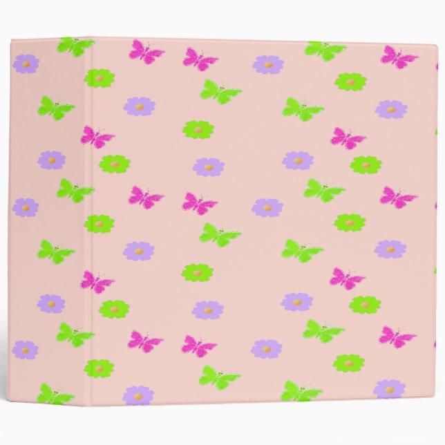 butterflies and flowers on pink 3 ring binder (Front/Spine)
