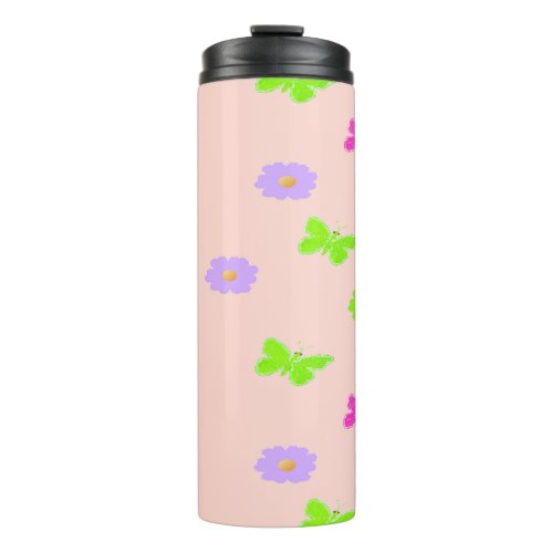 butterflies and flowers on pink thermal tumbler