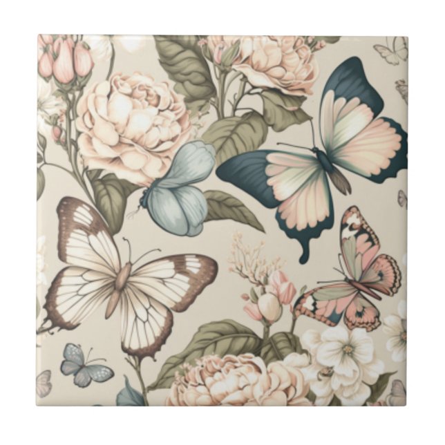 Butterflies and flowers pastel  ceramic tile (Front)