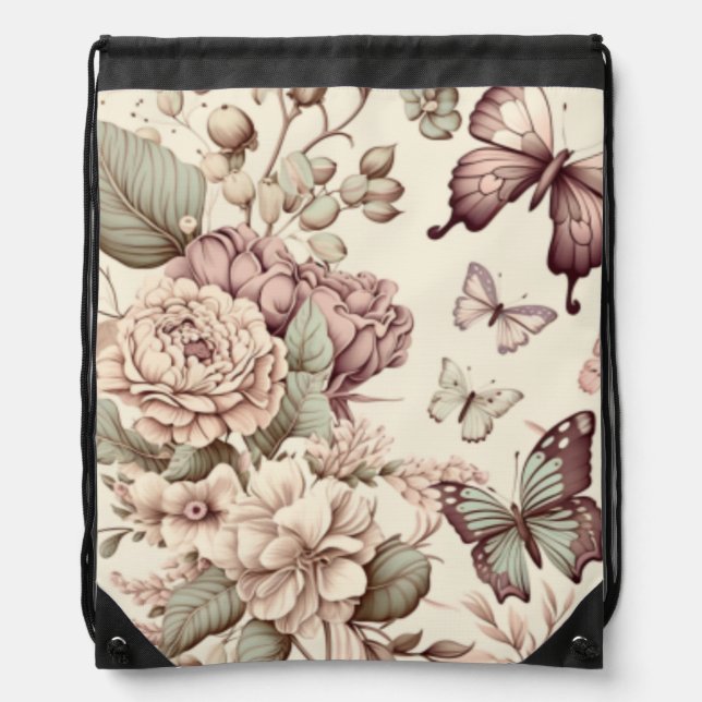 Butterflies and flowers pastel decor drawstring bag (Front)
