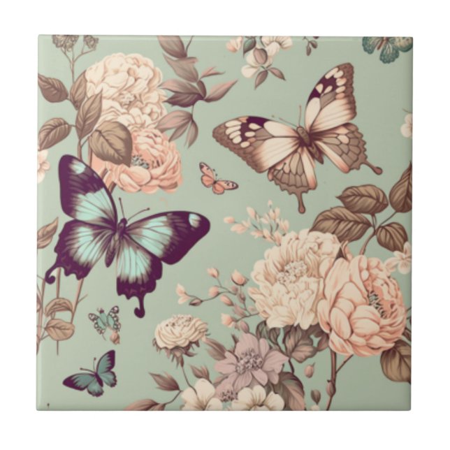 Butterflies and flowers pastel light green  ceramic tile (Front)