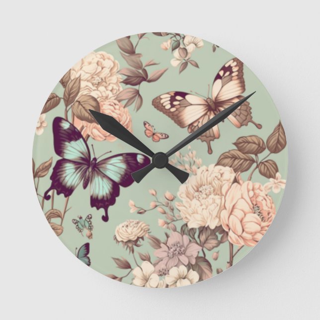 Butterflies and flowers pastel light green  round clock (Front)