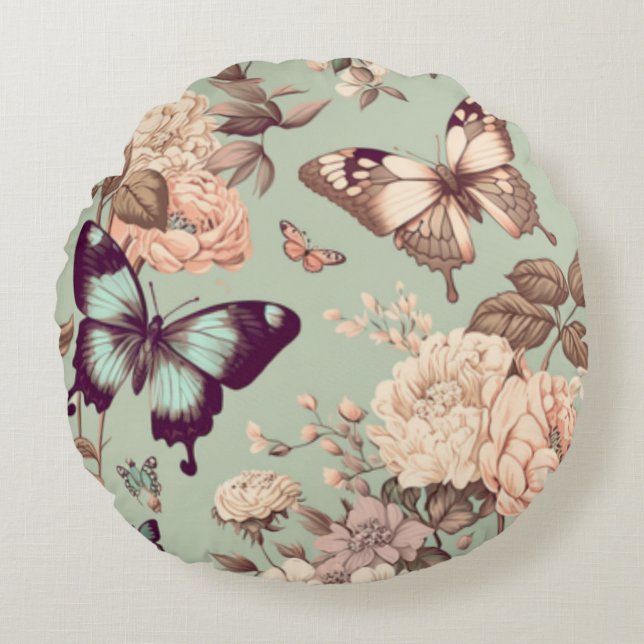 Butterflies and flowers pastel light green  round pillow (Front)