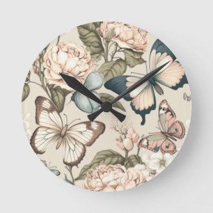 Butterflies and flowers pastel  round clock