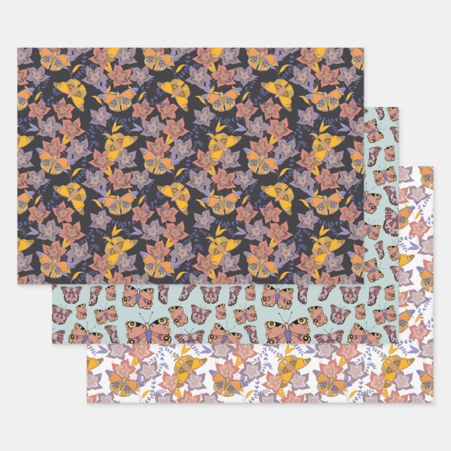 Butterflies and Flowers pattern Wrapping Paper Sheets (Set)