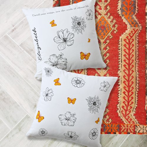 Butterflies And Flowers Personal Message And Name Throw Pillow