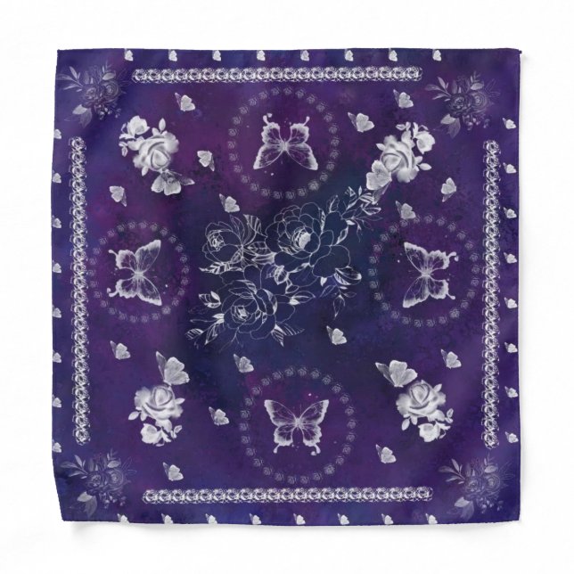 Butterflies and Flowers - Purple Blue Art Bandana (Front)