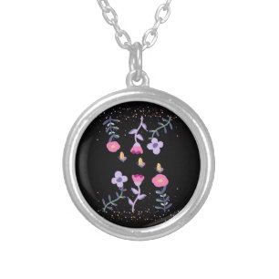 butterflies and flowers silver plated necklace