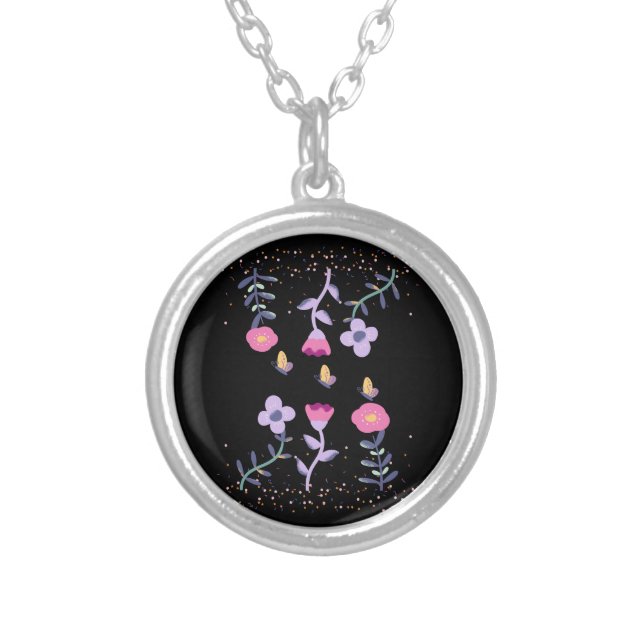 butterflies and flowers silver plated necklace (Front)