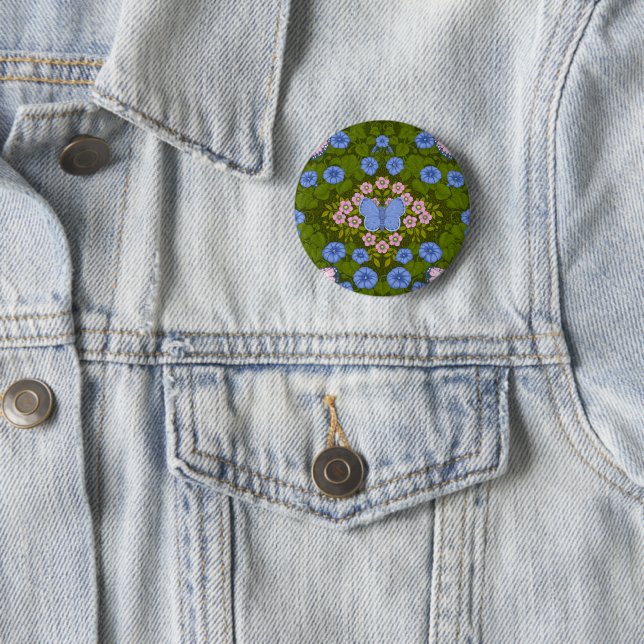 Butterflies and flowers symmetry, blue and pink button (In Situ)