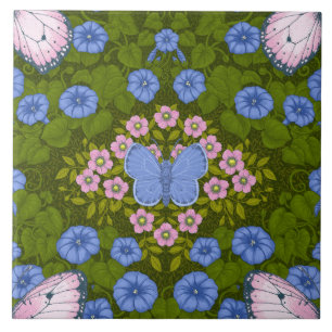 Butterflies and flowers symmetry, blue and pink ceramic tile