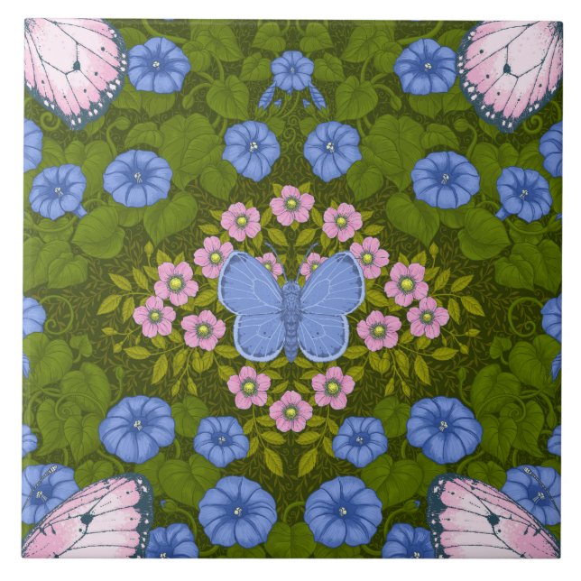 Butterflies and flowers symmetry, blue and pink ceramic tile (Front)