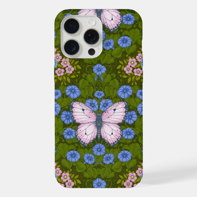 Butterflies and flowers symmetry, blue and pink iPhone case (Back)