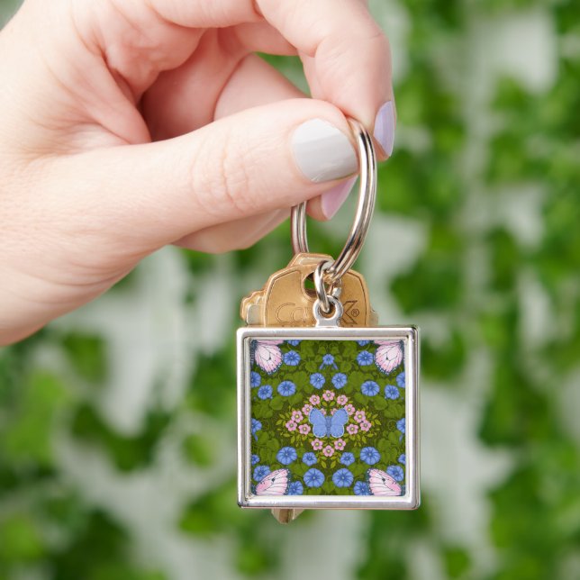 Butterflies and flowers symmetry, blue and pink keychain (Hand)