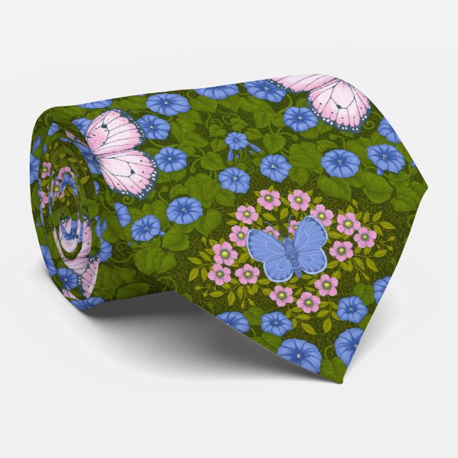 Butterflies and flowers symmetry, blue and pink neck tie (Rolled)