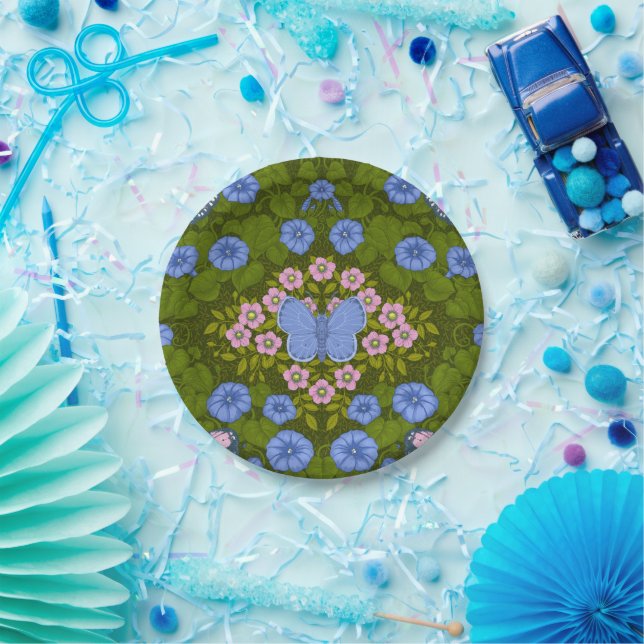 Butterflies and flowers symmetry, blue and pink paper plates (Party)