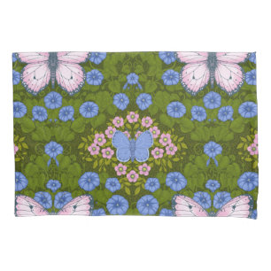 Butterflies and flowers symmetry, blue and pink pillow case