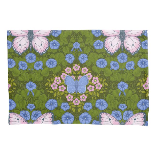 Butterflies and flowers symmetry, blue and pink pillow case (Front-Left)
