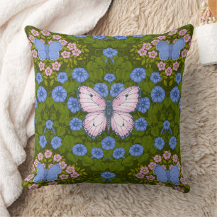 Butterflies and flowers symmetry, blue and pink throw pillow