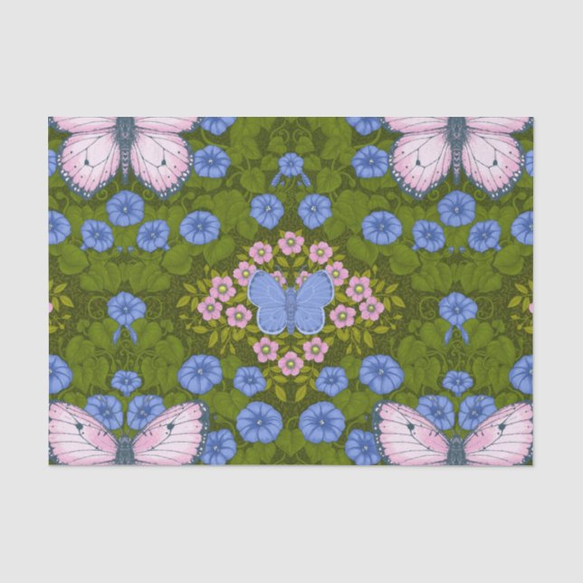 Butterflies and flowers symmetry, blue and pink tissue paper (Front)