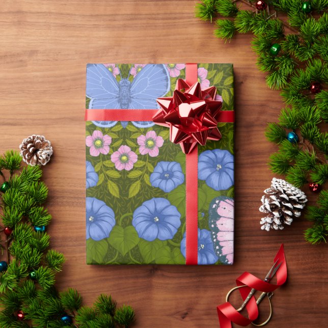 Butterflies and flowers symmetry, blue and pink wrapping paper (Holiday Gift)
