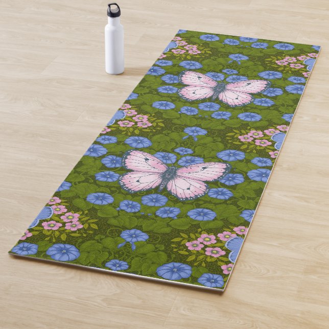 Butterflies and flowers symmetry, blue and pink yoga mat (In Situ)