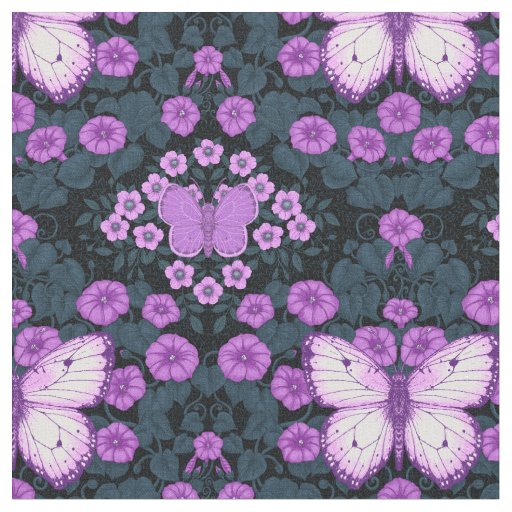 Butterflies and flowers symmetry, violet and blue fabric