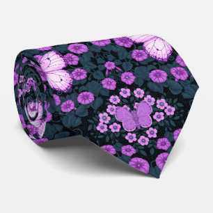 Butterflies and flowers symmetry, violet and blue neck tie