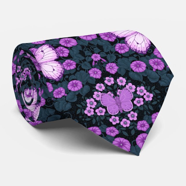 Butterflies and flowers symmetry, violet and blue neck tie (Rolled)