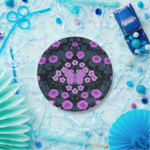 Butterflies and flowers symmetry, violet and blue paper plates