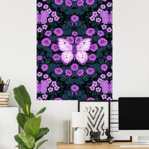 Butterflies and flowers symmetry, violet and blue poster