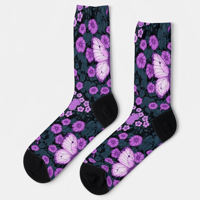 Butterflies and flowers symmetry, violet and blue socks (Left)