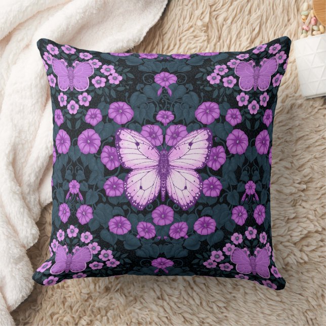 Butterflies and flowers symmetry, violet and blue throw pillow (Blanket)