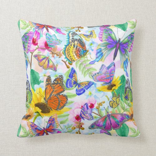 Butterflies and Flowers Throw Pillow. A beautiful and detailed water color painting showing a multitude of butterflies flying among flowers. This print was lovingly painted in many pastel shades that will add color to any room in the house.