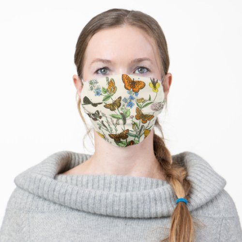 Butterflies and Flowers Vintage Illustration 1 Adult Cloth Face Mask