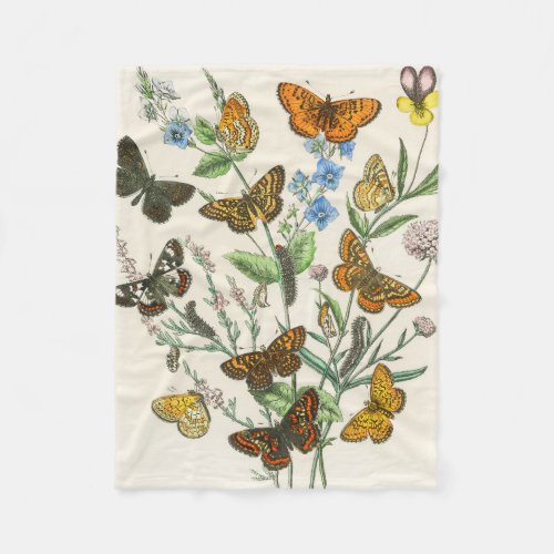 Butterflies and Flowers Vintage Illustration 1 Fleece Blanket