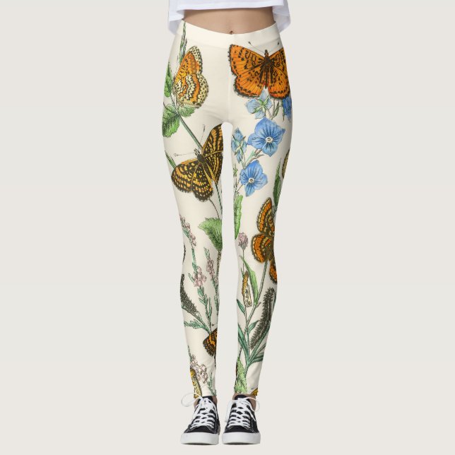 Butterflies and Flowers Vintage Illustration 1 Leggings (Front)