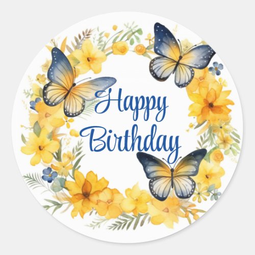 Butterflies and Golden Flowers Birthday Classic Round Sticker